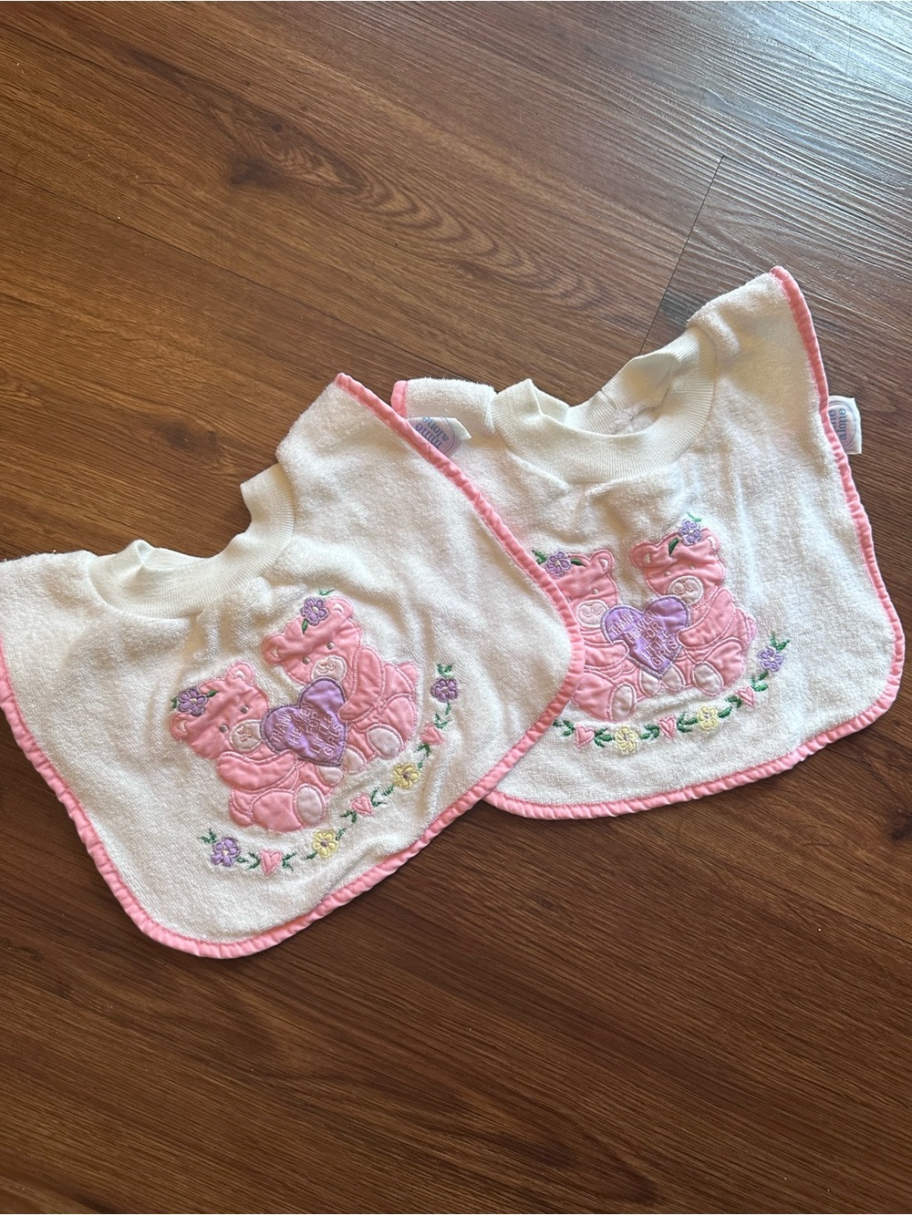 Vintage Girls Pink Floral Bear Baby Bibs - Set of 2